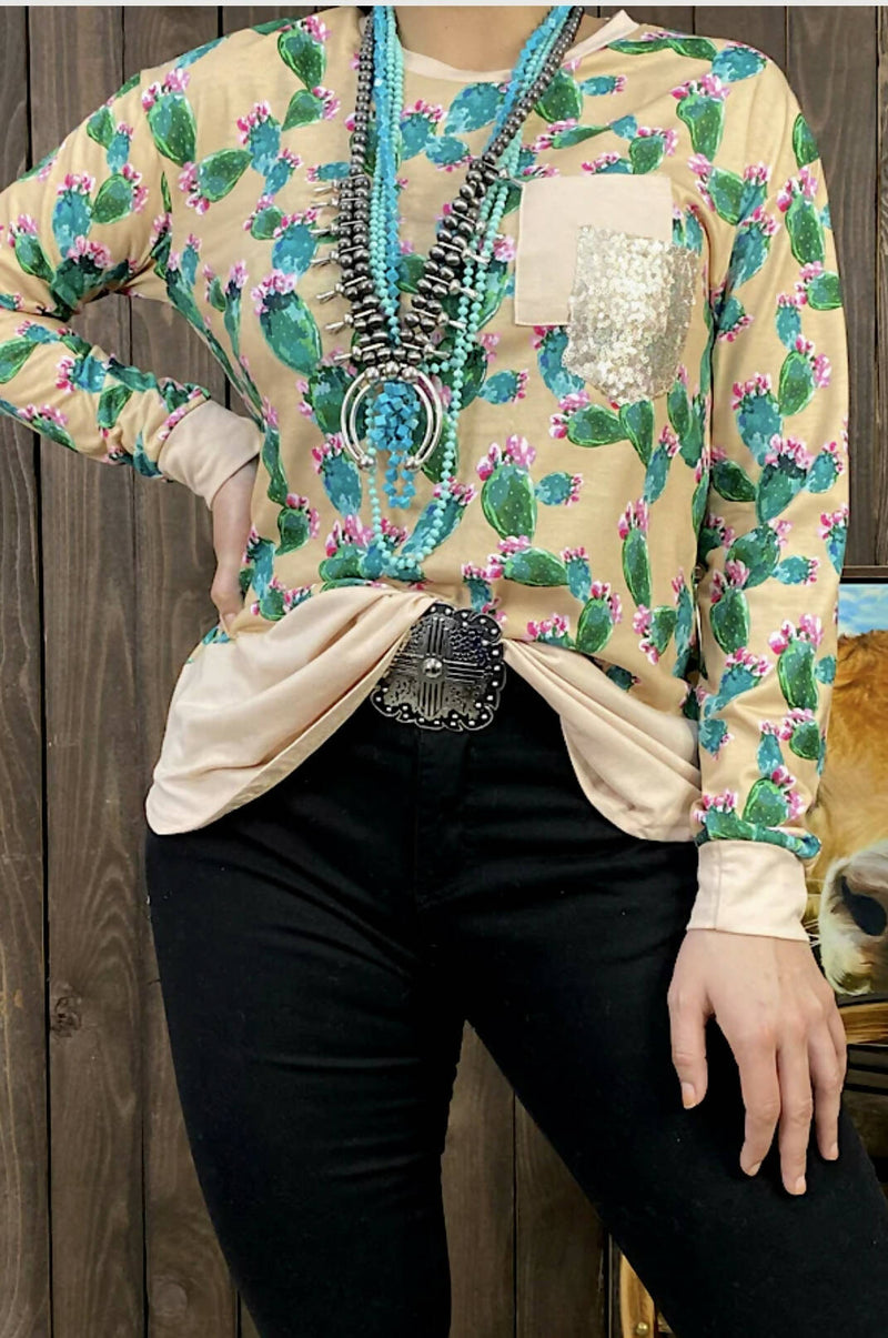 Blooming Cactus Longsleeve Top-Long Sleeves-Vintage Cowgirl-Deadwood South Boutique, Women's Fashion Boutique in Henderson, TX