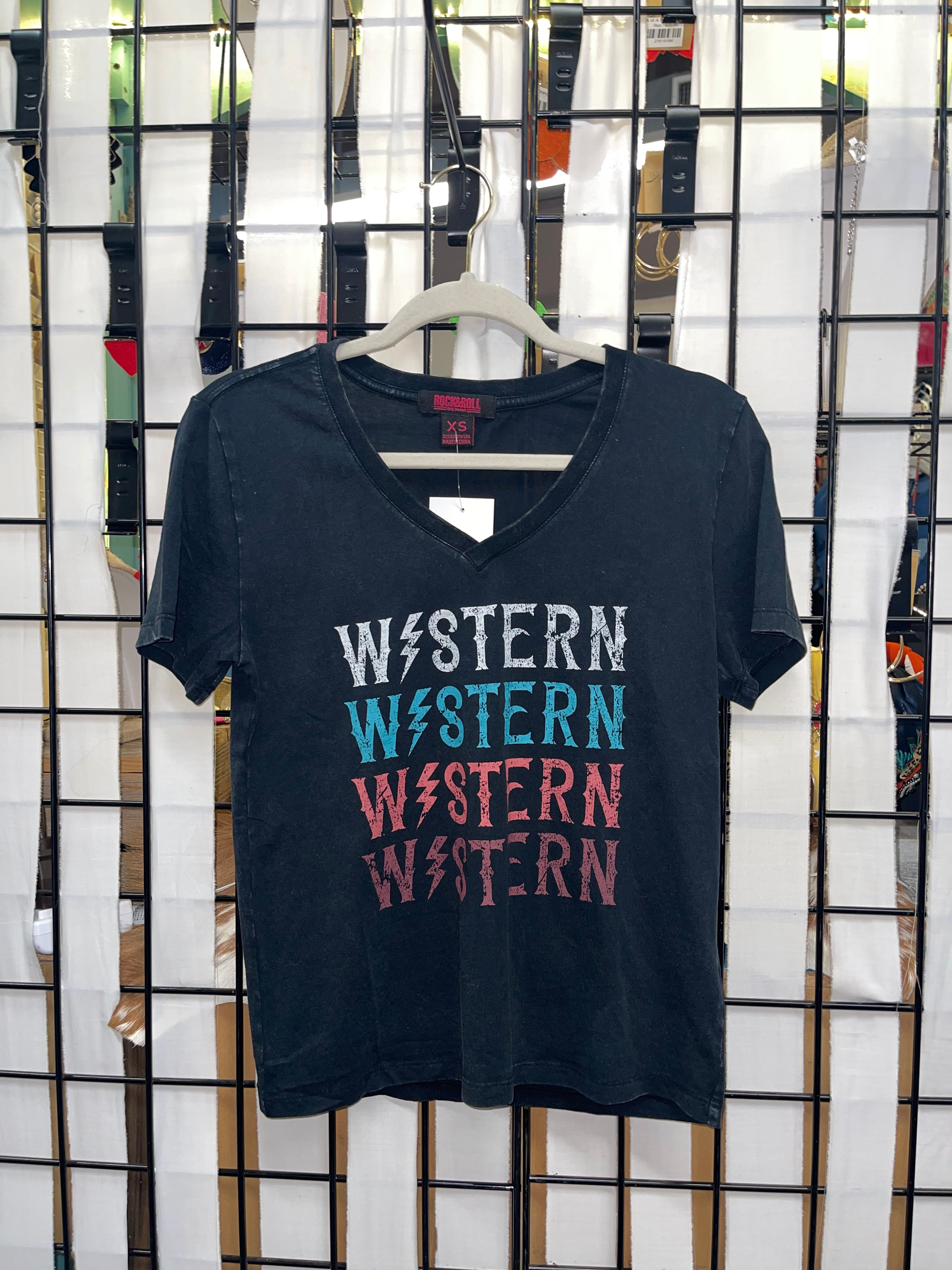 Rock & Roll Western V Neck Graphic Tee-Graphic Tees-Deadwood South Boutique & Company-Deadwood South Boutique, Women's Fashion Boutique in Henderson, TX