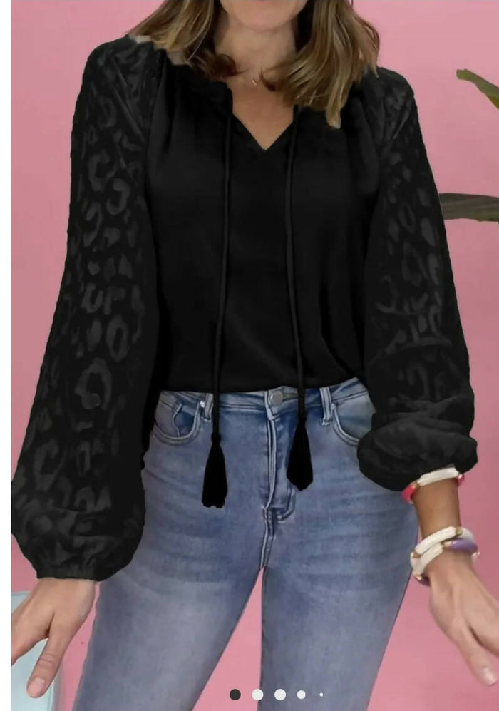Day or Night Black Leopard Top-Long Sleeves-Vintage Cowgirl-Deadwood South Boutique, Women's Fashion Boutique in Henderson, TX