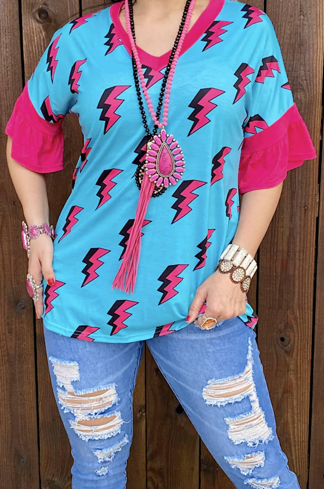 Flash Fuchsia Top-Short Sleeves-Vintage Cowgirl-Deadwood South Boutique, Women's Fashion Boutique in Henderson, TX