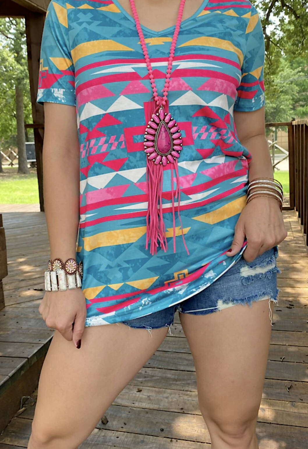 Aztec Rainbow Top-Short Sleeves-Vintage Cowgirl-Deadwood South Boutique, Women's Fashion Boutique in Henderson, TX