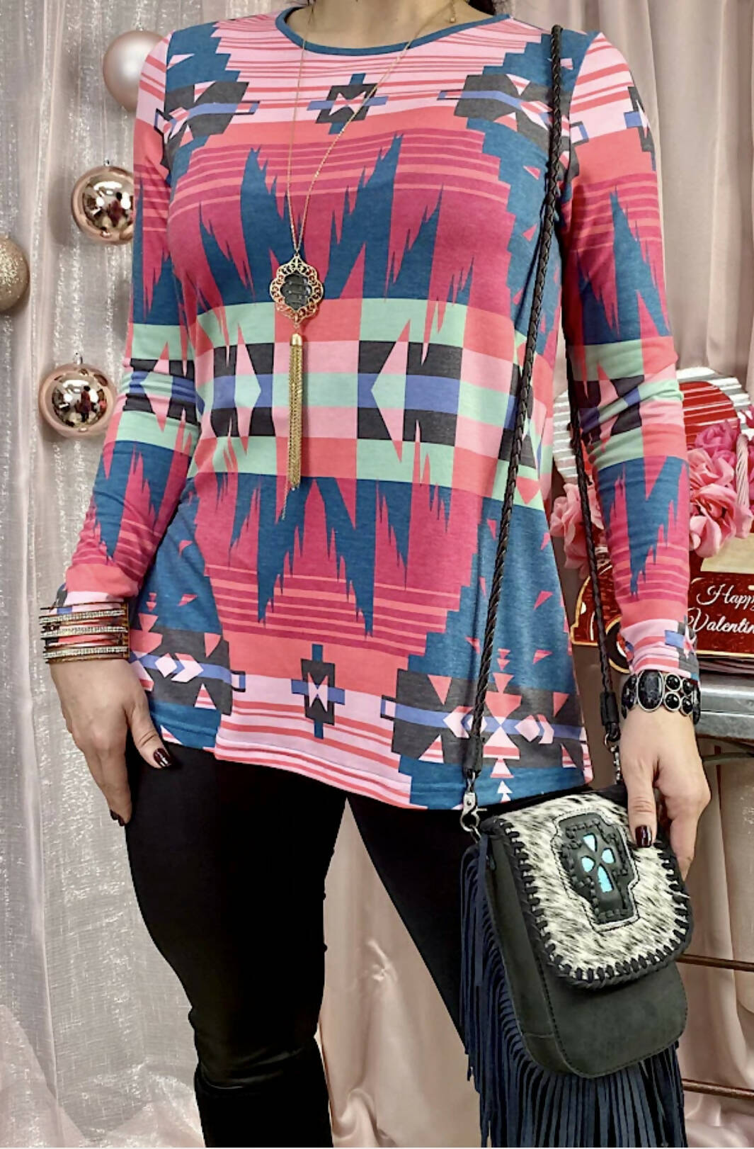 Western Aztec Longsleeve Top-Long Sleeves-Vintage Cowgirl-Deadwood South Boutique, Women's Fashion Boutique in Henderson, TX