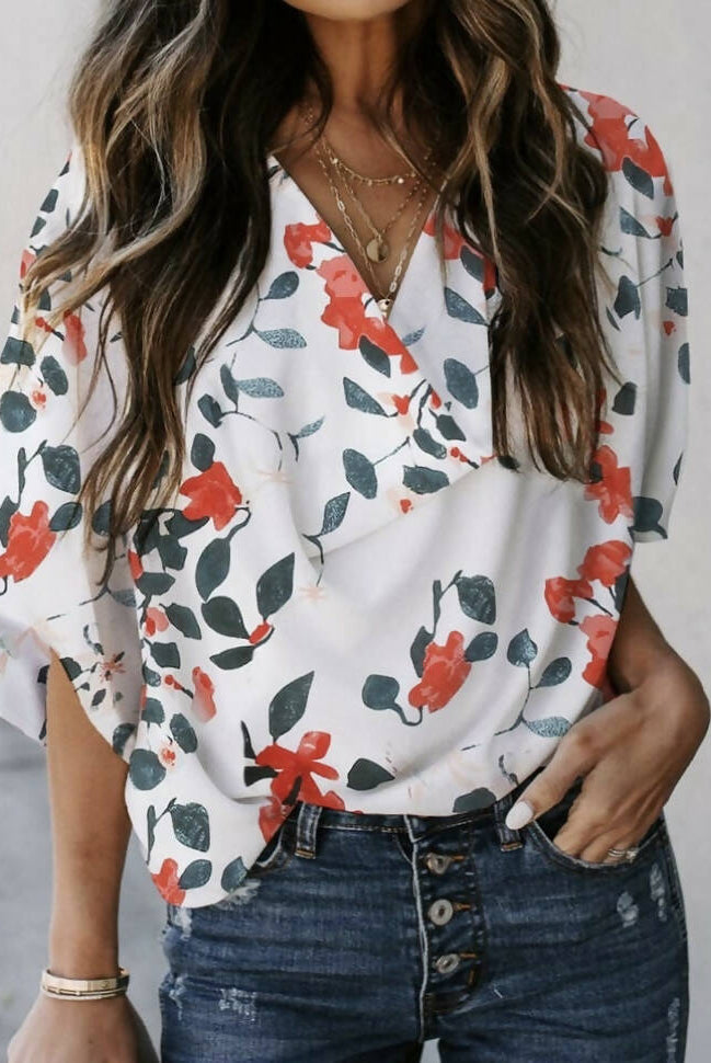 Ariabella Floral Draper Neck-Short Sleeves-Vintage Cowgirl-Deadwood South Boutique, Women's Fashion Boutique in Henderson, TX